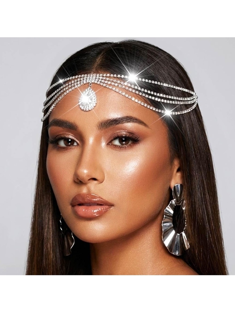 Rhinestone Multi-Row Silver Headpiece with Center Teardrop